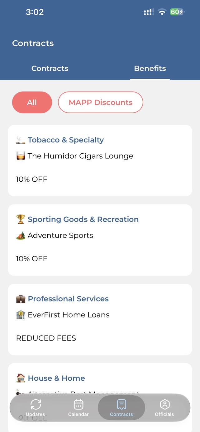 The Benefits tab of 639 Connect, listing member discounts by category — tobacco and specialty, sporting goods and recreation, professional services, and house and home.