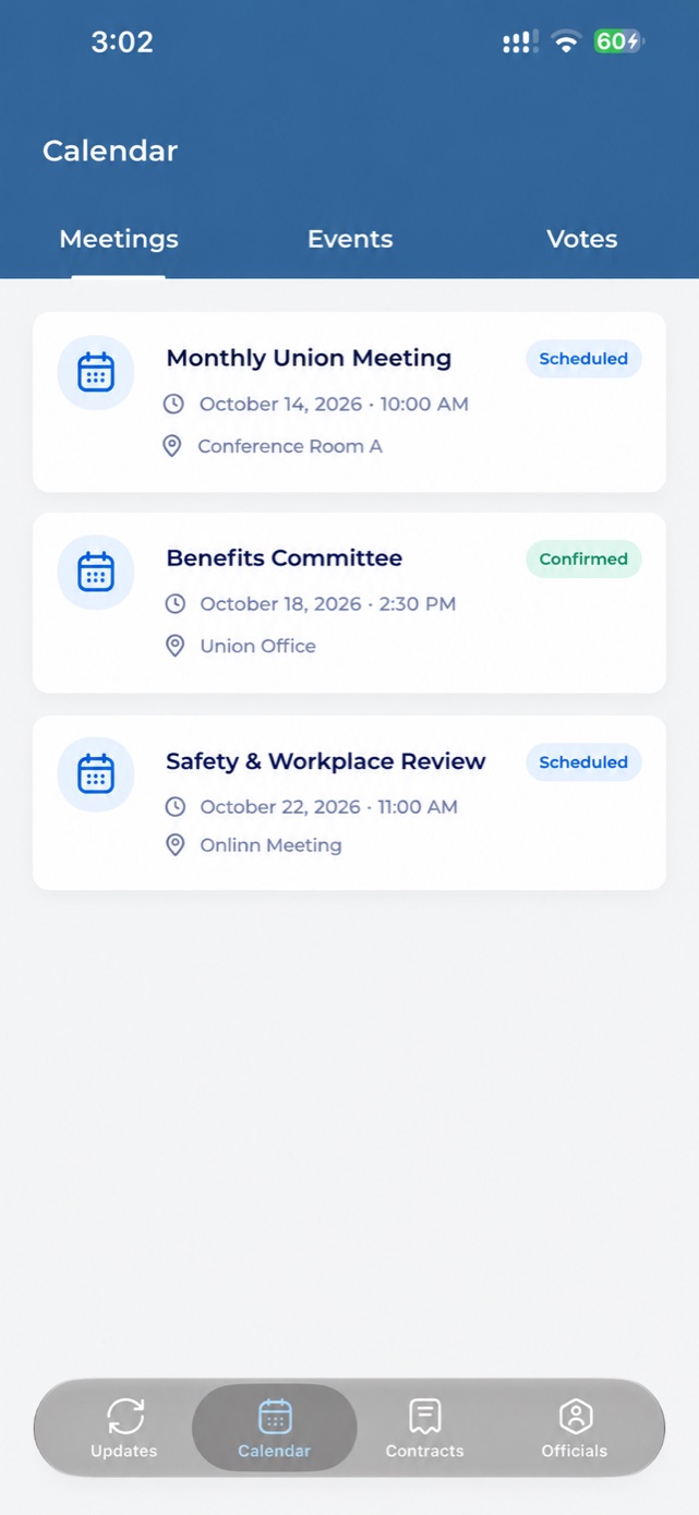 The Calendar tab of 639 Connect, listing upcoming meetings with the date, time and room for each.