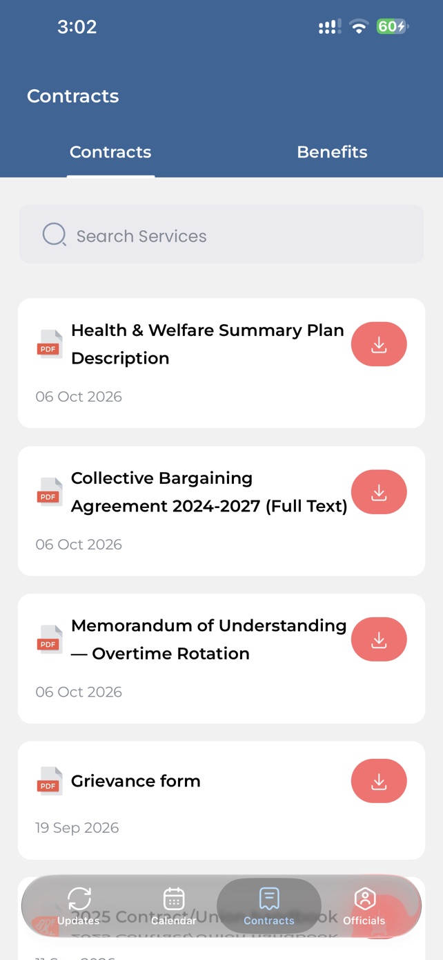 The Contracts tab of 639 Connect, showing a searchable list of agreements — a Health & Welfare summary plan description, the 2024-2027 collective bargaining agreement, a memorandum of understanding on overtime rotation — each with a download button.