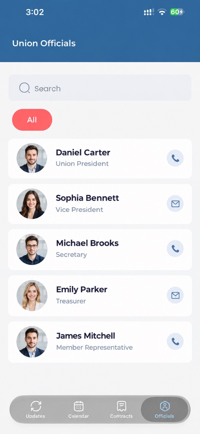 The Union Officials tab of 639 Connect, a searchable directory listing the Local’s president, vice president, secretary, treasurer and member representative, each with a button to call or email them.