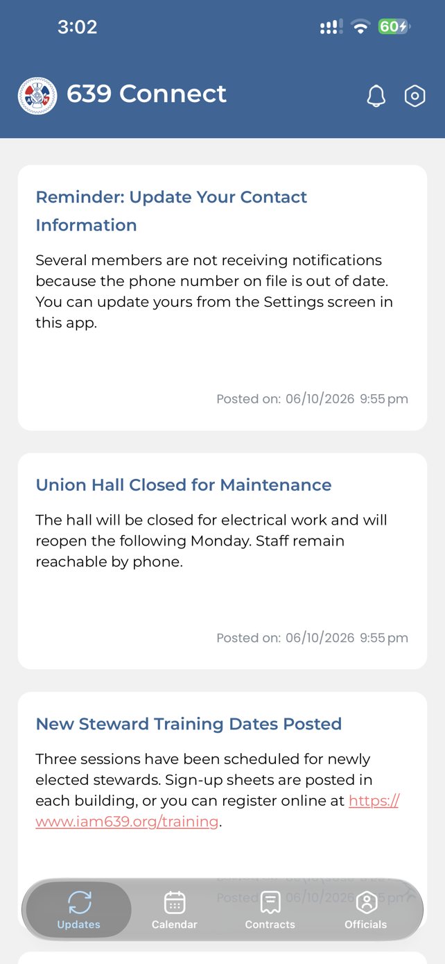 The Updates tab of 639 Connect, listing notices from the hall — a reminder to update contact information, a hall closure for maintenance, and new steward training dates — each with the date it was posted.